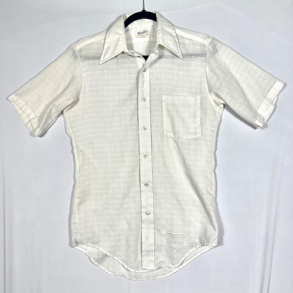 Vtg 70s Beall's White Windowpane Disco Button Up Shirt Mens S/M Dagger Collar